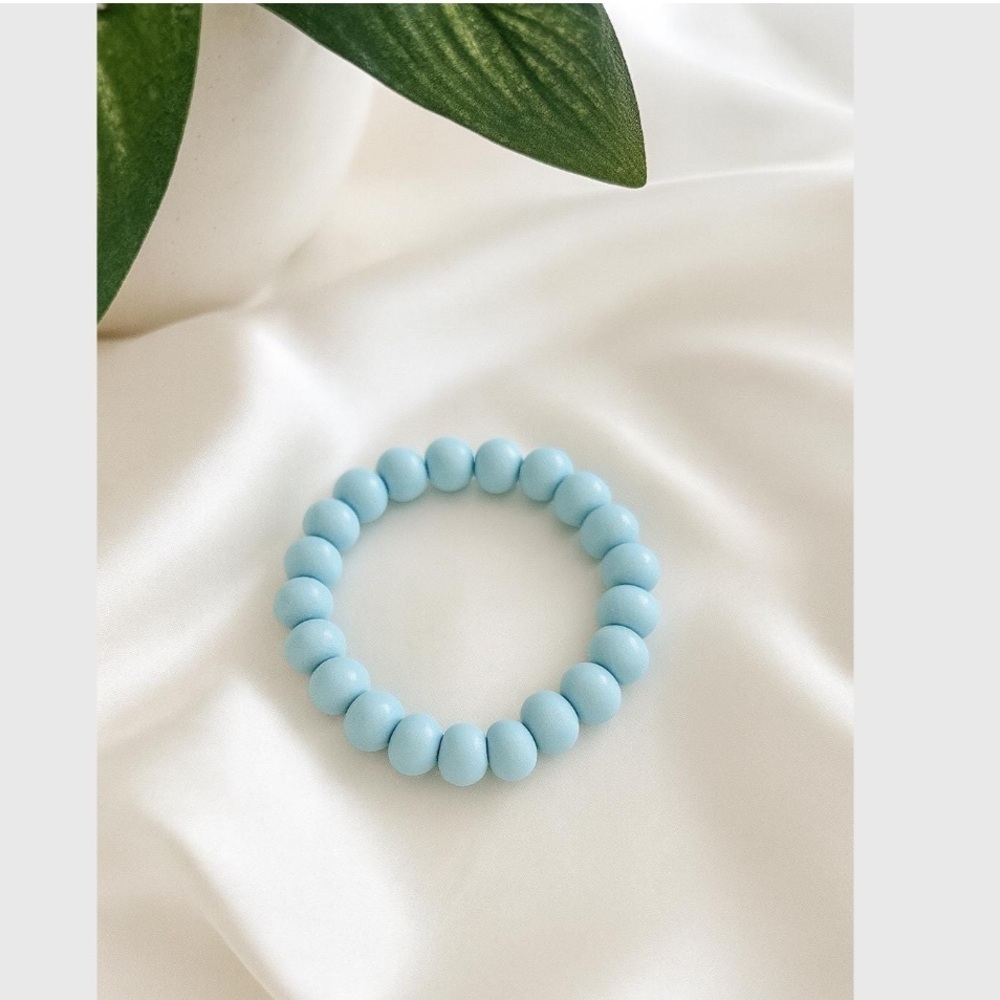 Light Blue Wooden Bead Stretch Bracelet, Lightweight‎ Stackable Boho Jewelry